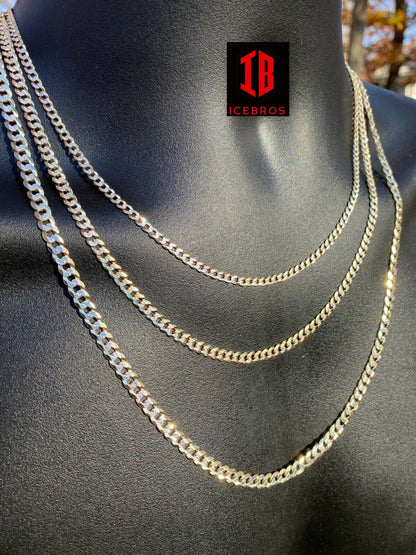 10K/14K Over 925 Silver Diamond Cut Flat Miami Curb Cuban Link Chain Necklace (3-11mm)