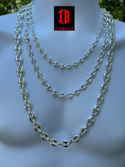 White Gold Over Vermeil 925 Sterling Silver Puffed Mariner Link Chain Necklace (6-12mm)
