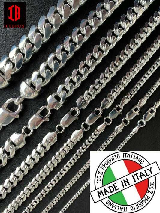 White Gold Over 925 ITALY Silver Cuban Link Chain (Lobster Clasp) (2-12mm)