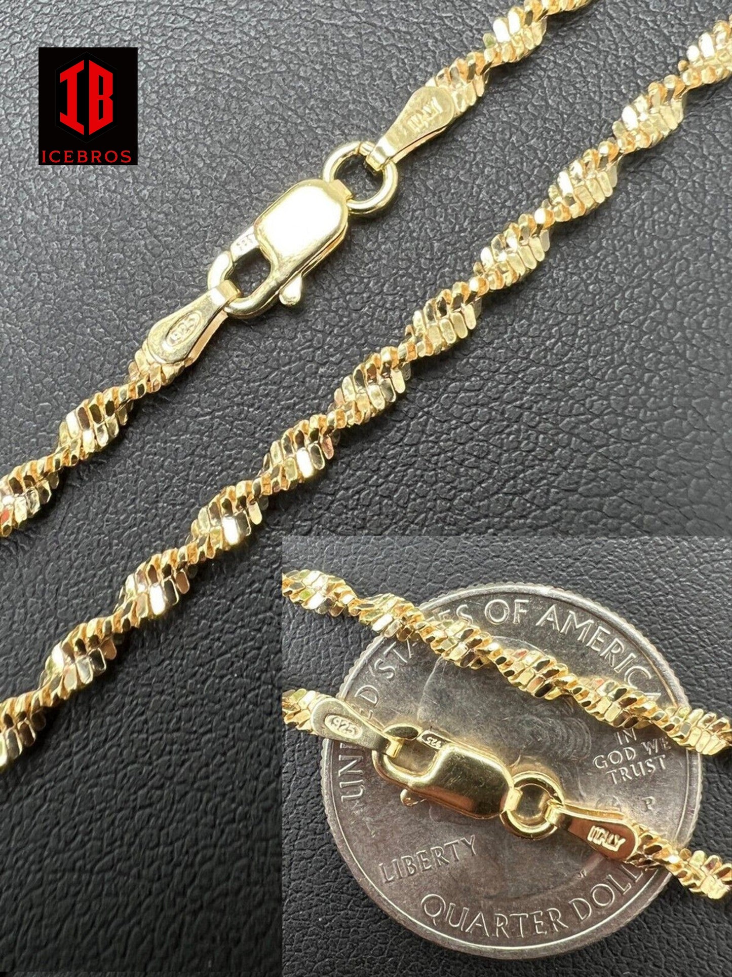 925 Sterling Silver Real 14k Gold Vermeil Chain Necklace (Singapore Rope) 2.5mm