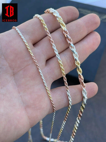 Vermeil 925 Sterling Silver, Yellow, & Rose Gold Tri Color Rope Chain Necklace (2-5mm)