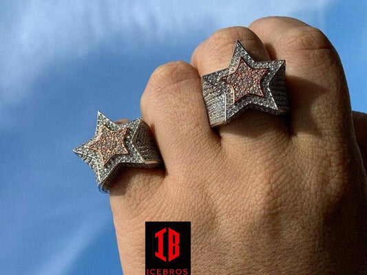 Men's Hip Hop 3D STAR Solid Rose Gold & 925 Silver Diamond Pinky RING Real (CZ)