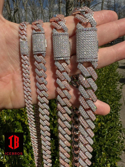 Hand model showcasing a Fornt side  of luxurious Rose Gold Miami Necklace Cuban Link Chain with different sizes