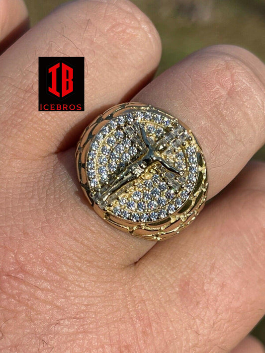 Men's 14k Gold Over Solid 925 Sterling Silver Iced Jesus Cross Nugget Ring Pinky (CZ)