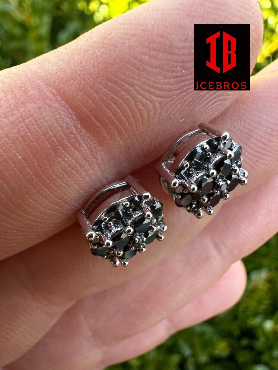 Real Black MOISSANITE Oxidized Rhodium 925 Silver Round Cluster Earrings (White Gold)