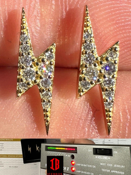 Moissanite Real 14k Gold Over 925 Silver Iced Hip Hop Lightning Bolt Earrings