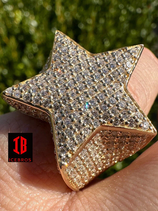 4.99ct Real Diamond VVS Solid 14k Yellow Gold Iced Star Ring Size 7-13 22g