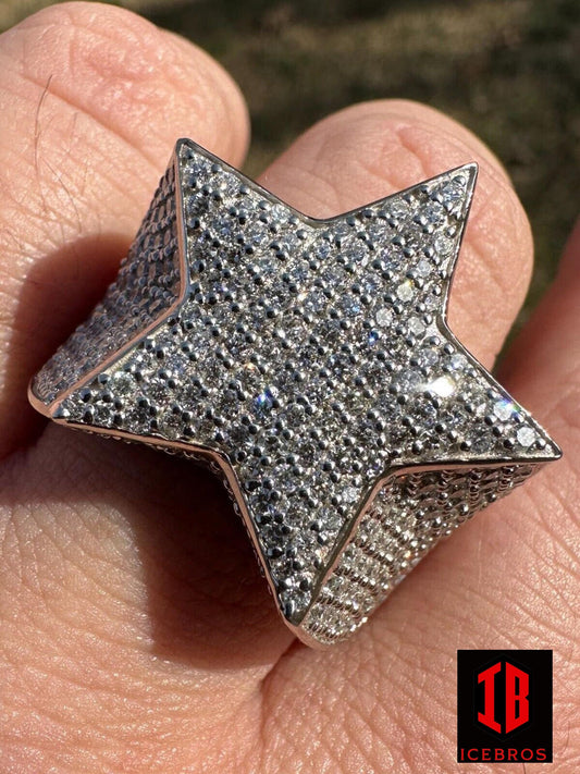 WHITE GOLD 4.99ct Real CVD LAB Diamond Hip Hop Real Natural 925 Silver Iced Star Ring Size 6-13