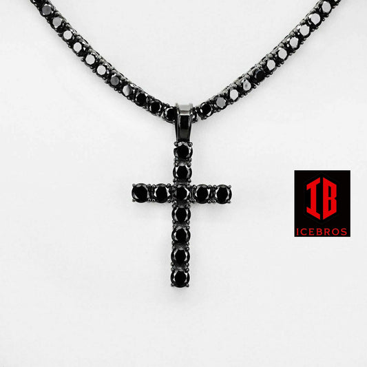 Tennis Link Cross Solid Real 925 Sterling Silver 4mm Black Diamonds 1 Row (CZ)