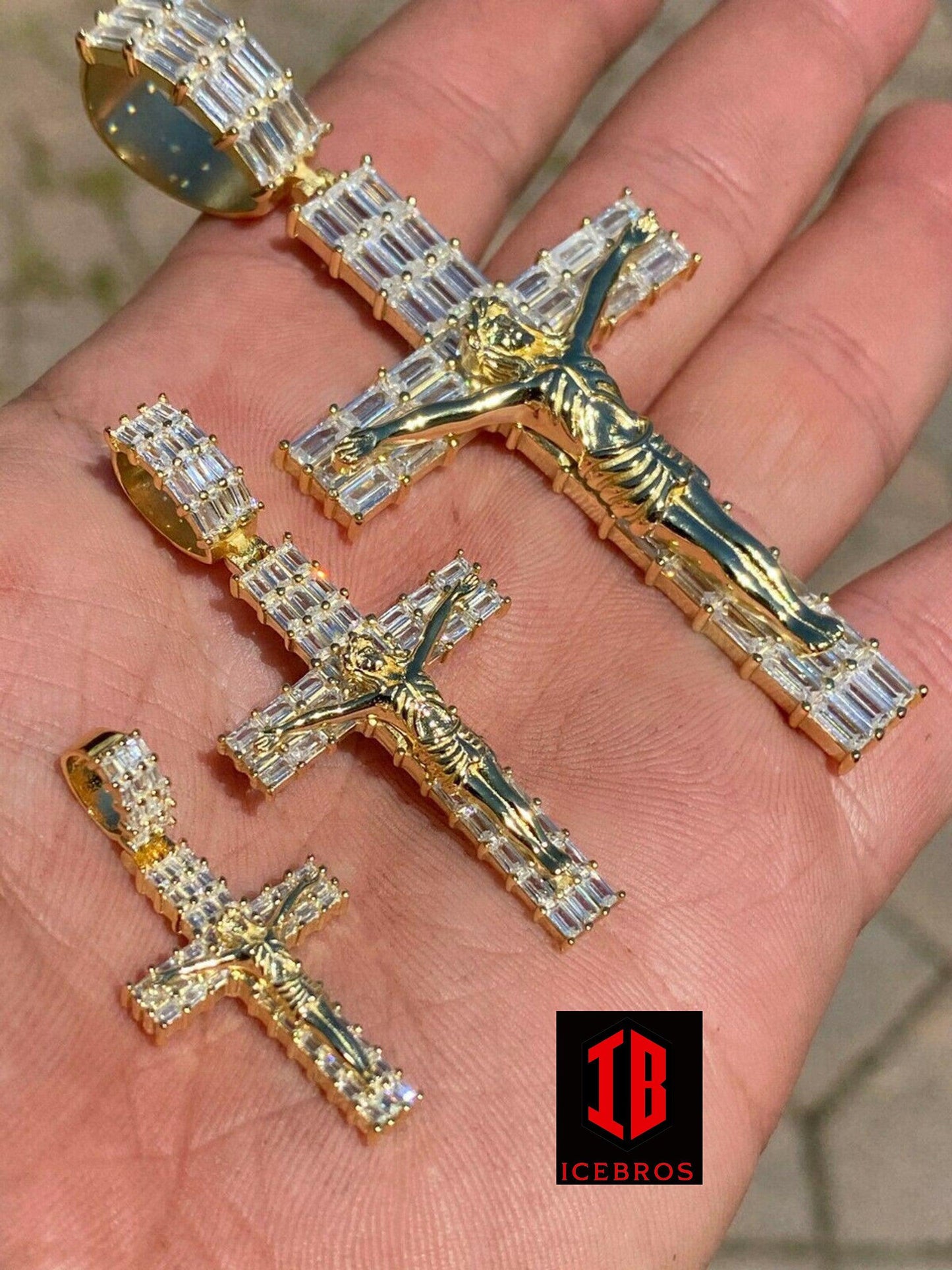 14k Gold Over 925 Sterling Silver Cross W. Jesus Pendant Baguette Iced Diamond (CZ)