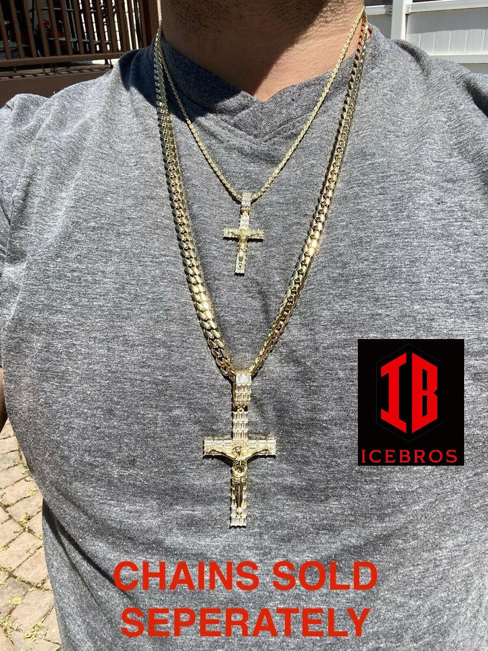 14k Gold Over 925 Sterling Silver Cross W. Jesus Pendant Baguette Iced Diamond (CZ)