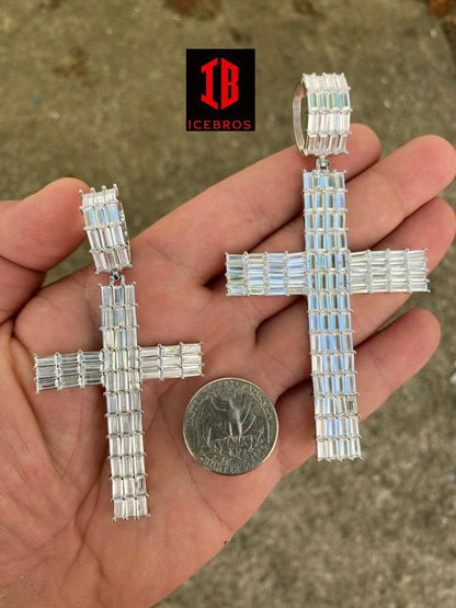925 Sterling Silver Cross Pendant Baguette Iced CZ Necklace Hip-Hop (CZ)