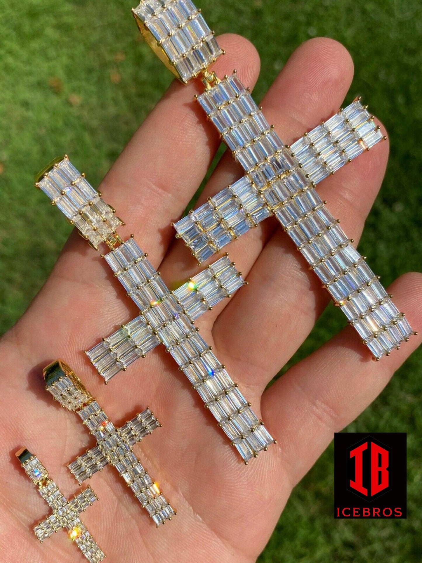 925 Sterling Silver Cross Pendant Baguette Iced CZ Necklace Hip-Hop (CZ)