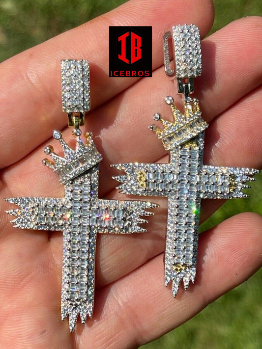 Mens 925 Sterling Baguette Diamond Cross King Crowned Pendant Iced out Gold (CZ)