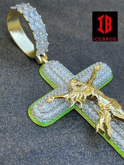 925 Silver Gold Large 3.5" Glow In Dark Cross Jesus Iced Pendant Necklace (CZ)