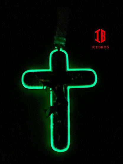 925 Silver Gold Large 3.5" Glow In Dark Cross Jesus Iced Pendant Necklace (CZ)