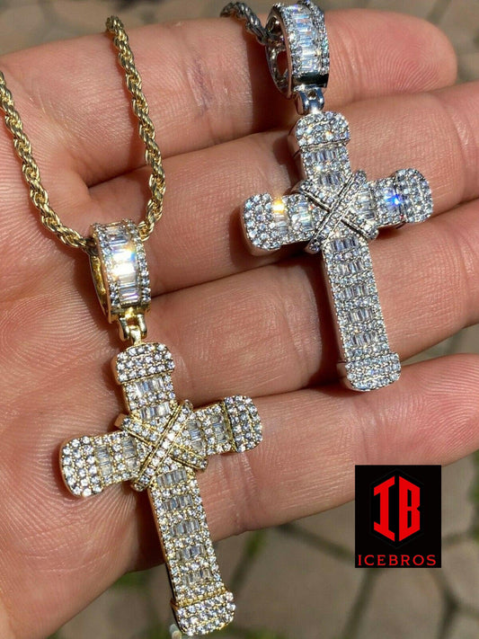 Real 925 Sterling Hip Hop Baguette Cross Pendant Gold Silver Men's Iced Necklace (CZ)