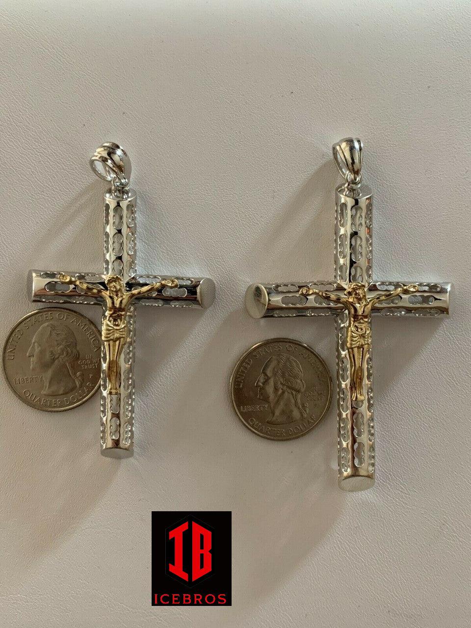 unisex Solid 925 Silver & 14k Gold Cross Jesus Piece 1-3" ITALY