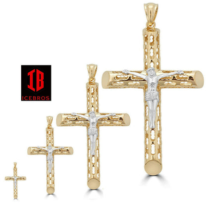 unisex Solid 925 Silver & 14k Gold Cross Jesus Piece 1-3" ITALY