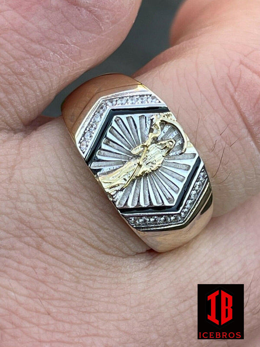 Men's Fine 925 Sterling Silver & 14k Gold Grim Reaper Santa Muerte Pinky Ring (CZ)