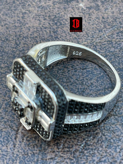VS Solid 925 Sterling Silver & Gold Men's Baguette Black Diamond Ring Hip Hop (CZ)