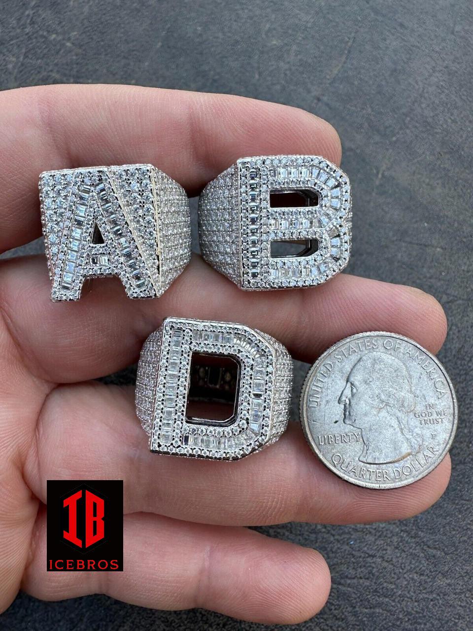 Alphabet MOISSANITE Large Initial Letter Ring Iced Baguette Hip Hop 925 Silver A-Z (11-13)