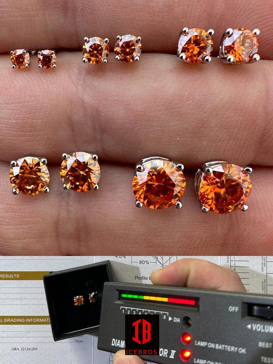 Fire Orange Moissanite Screw backs Stud Earrings 925 Silver 3-8mm Iced Pass Tester