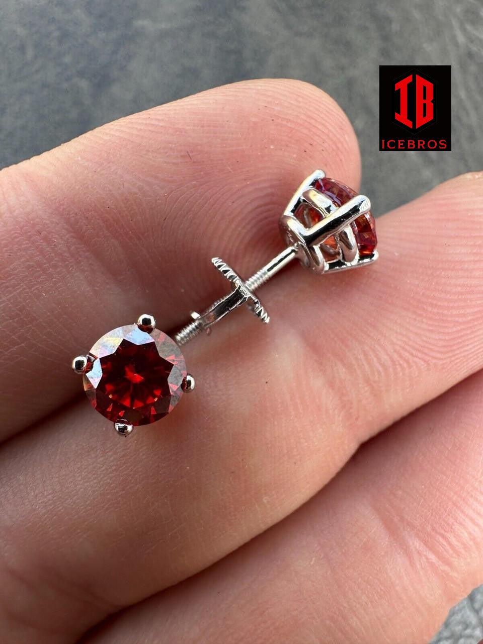 Real Ruby Red Moissanite Screwback Stud Earrings 925 Silver 3-8mm Iced Pass Test