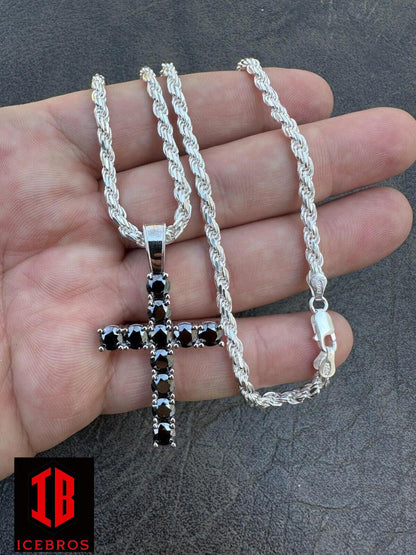 Black MOISSANITE Stone Fine 925 Silver Tennis Cross Iced Pendant Chain Hip-Hop (White Gold)