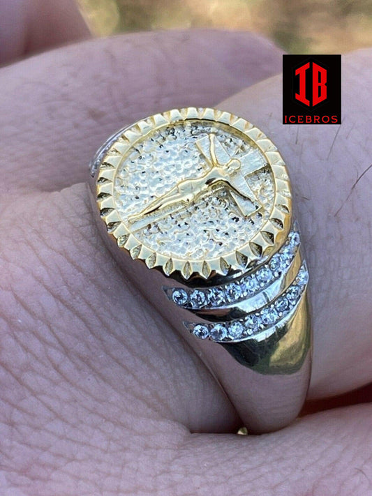Men's 14k Yellow Gold Over Solid 925 Sterling Silver Coin Ring Jesus Cross Nugget (CZ)
