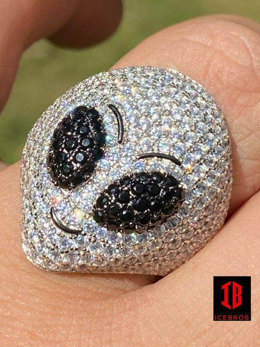 Solid 925 Sterling Silver Hip Hop Alien Head Emoji Men's Iced Diamond Ring (CZ)