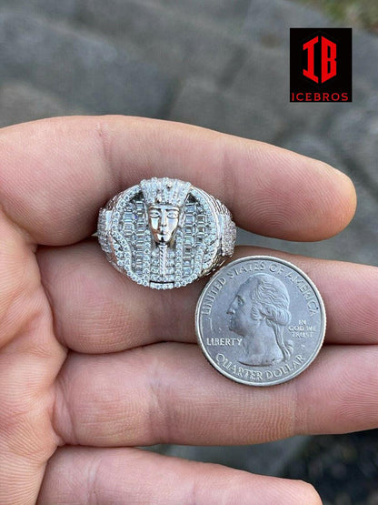 Men's Real 925 Sterling Silver Egyptian King Pharaoh Iced Ring Baguette Diamond (CZ)