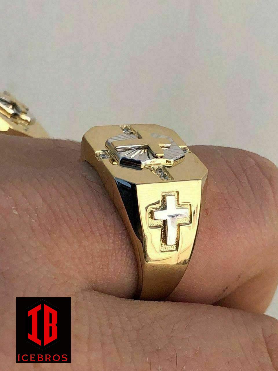 Mens 14k Gold Over Real Solid 925 Silver Cross Ring Size Pinky 7 8 9 10 11 12 13 (CZ)