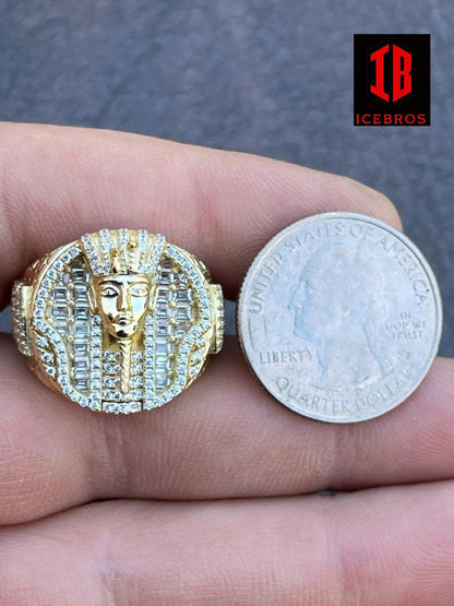 Men's Real 925 Sterling Silver Egyptian King Pharaoh Iced Ring Baguette Diamond (CZ)
