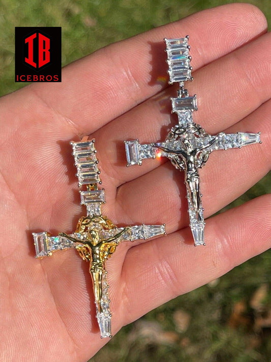 Men's 925 Vermeil Baguette Diamond Jesus On Nail Cross Pendant Iced Gold Crucifix (CZ)