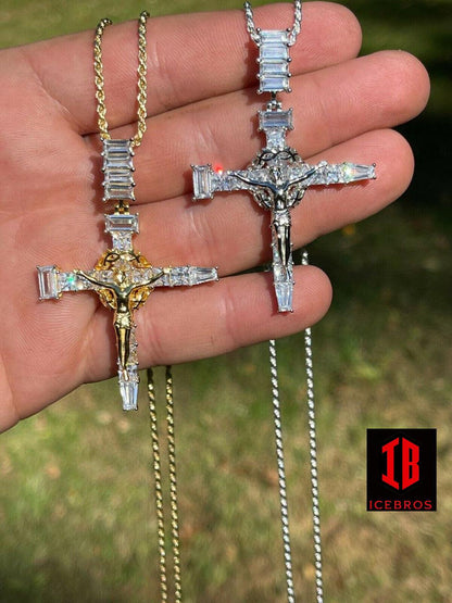 Men's 925 Vermeil Baguette Diamond Jesus On Nail Cross Pendant Iced Gold Crucifix (CZ)