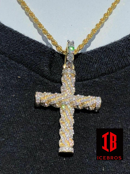 Braided Rope Cross 1ct CZ 1x2" Pendant 14k Gold Solid 925 Silver (CZ)