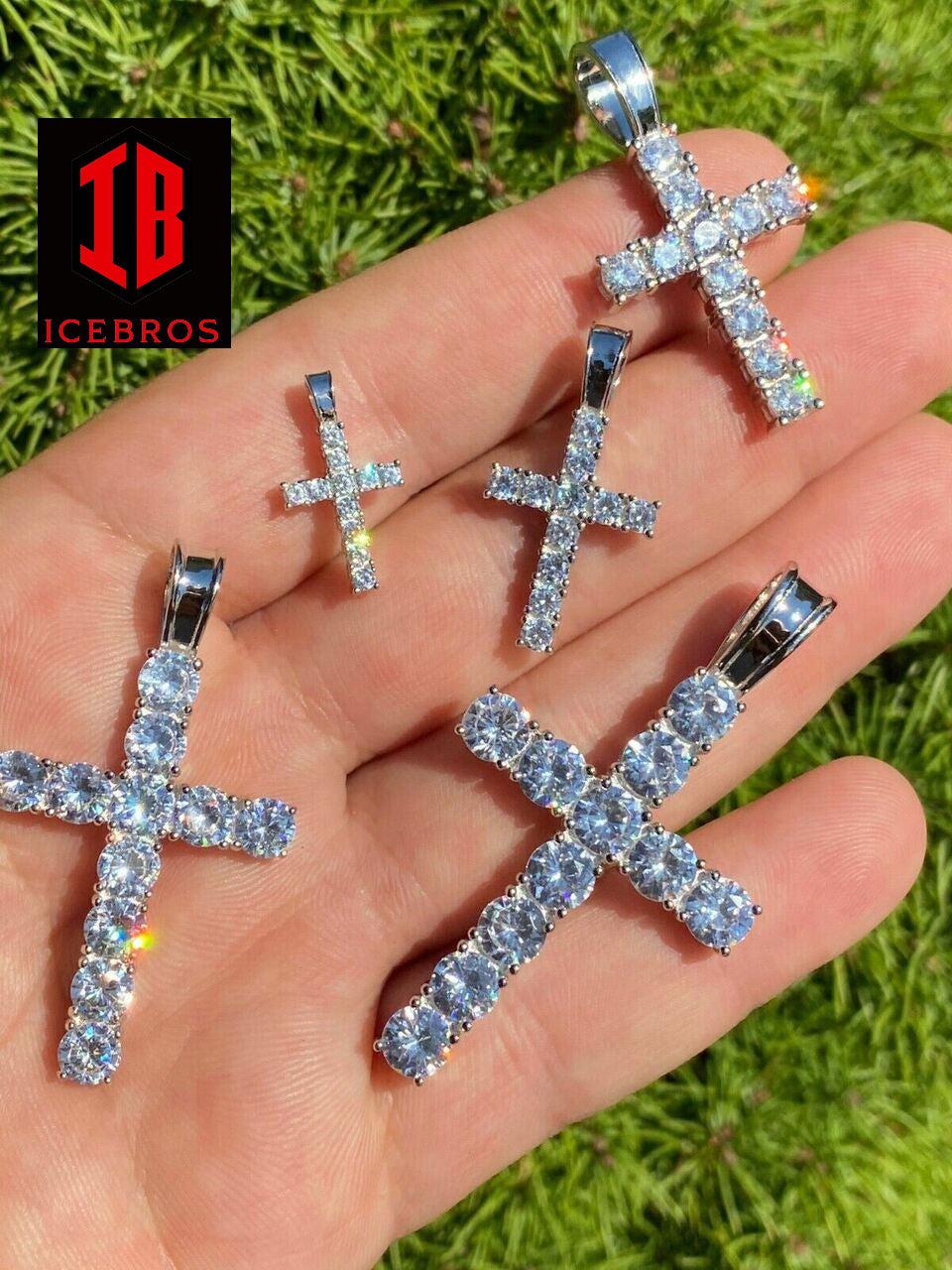 Ladies & Mens Diamond Cross Pendant Solid 925 Sterling Silver Iced Necklace (CZ)