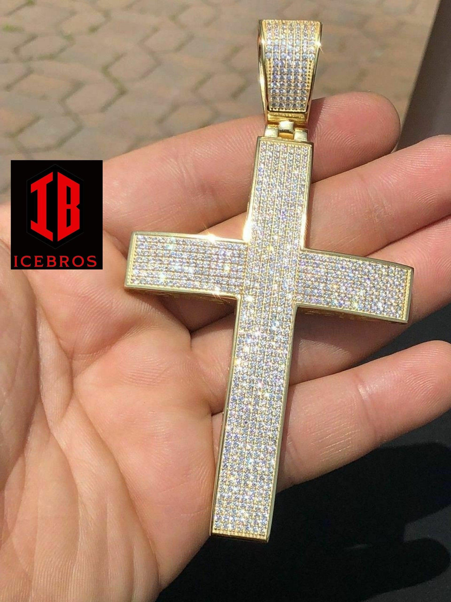 925 Sterling Silver Cross Pendant Real ICED 5ct 14k Gold Chain (CZ)