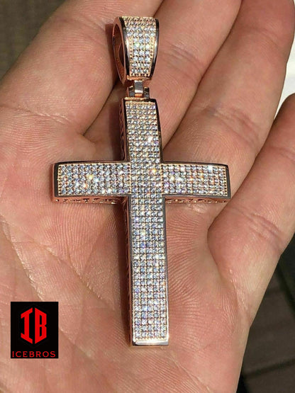 925 Sterling Silver Cross Pendant Real ICED 3ct 14k Gold Chain (CZ)