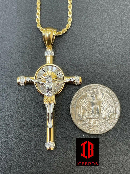 Vermeil 925 Silver Cross Jesus Pendant Yellow Gold Finish Iced Crucifix Necklace (CZ)