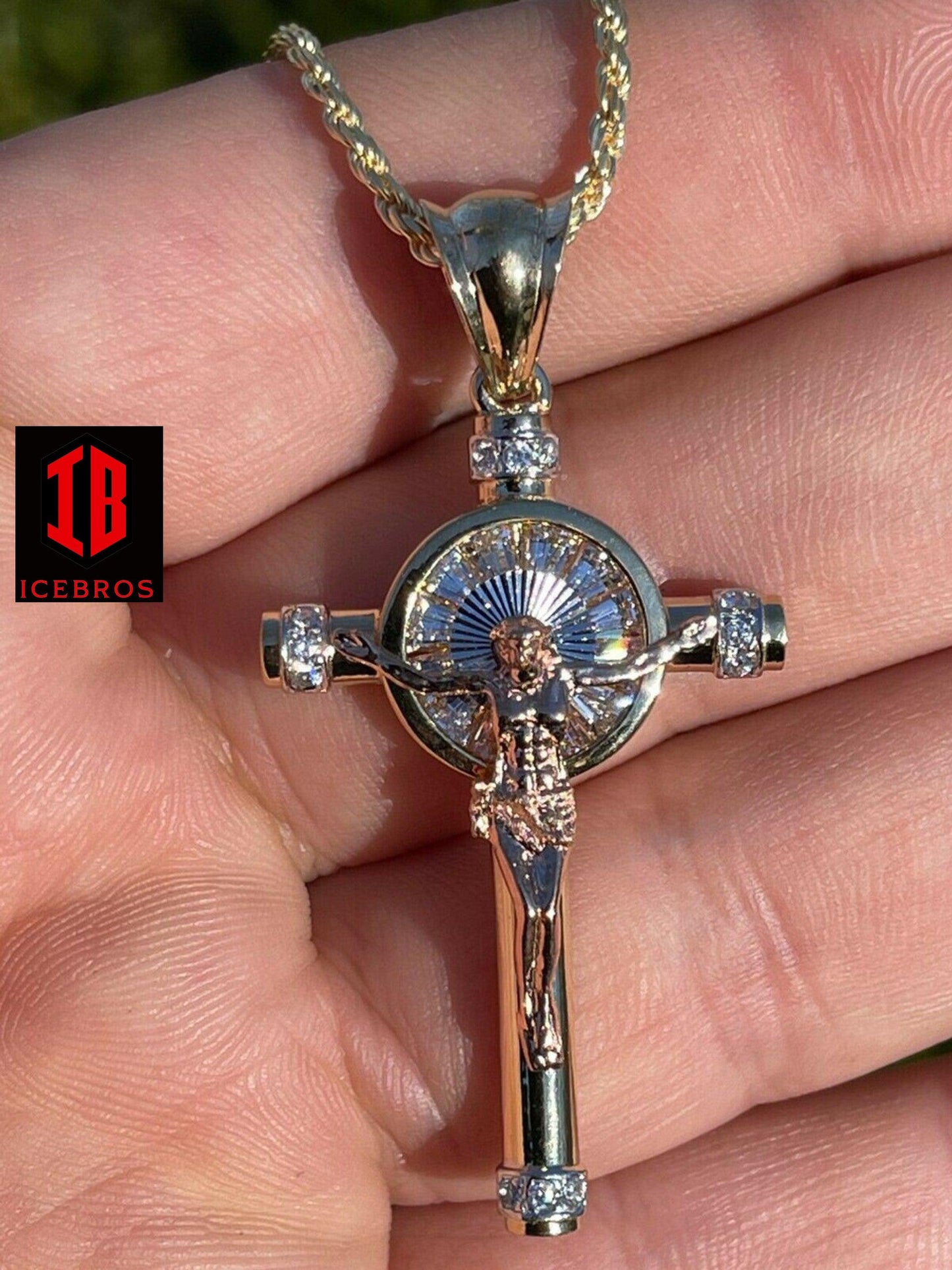 Vermeil 925 Silver Cross Jesus Pendant Yellow Gold Finish Iced Crucifix Necklace (CZ)