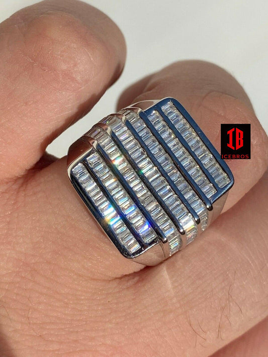 Men REAL Solid 925 Sterling Silver Iced Diamond Baguette Ring 7-Row Pinky (CZ)