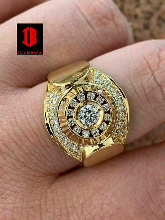 Men 14k Yellow Gold Over Solid 925 Silver Ring ICY Round Cluster Hip Hop Pinky (CZ)