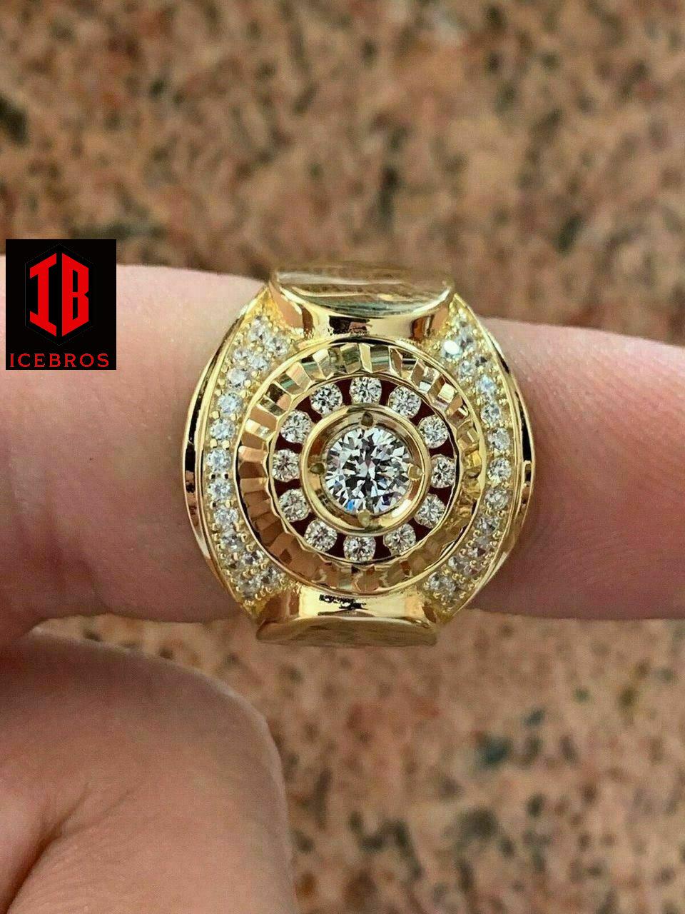 Men 14k Yellow Gold Over Solid 925 Silver Ring ICY Round Cluster Hip Hop Pinky (CZ)
