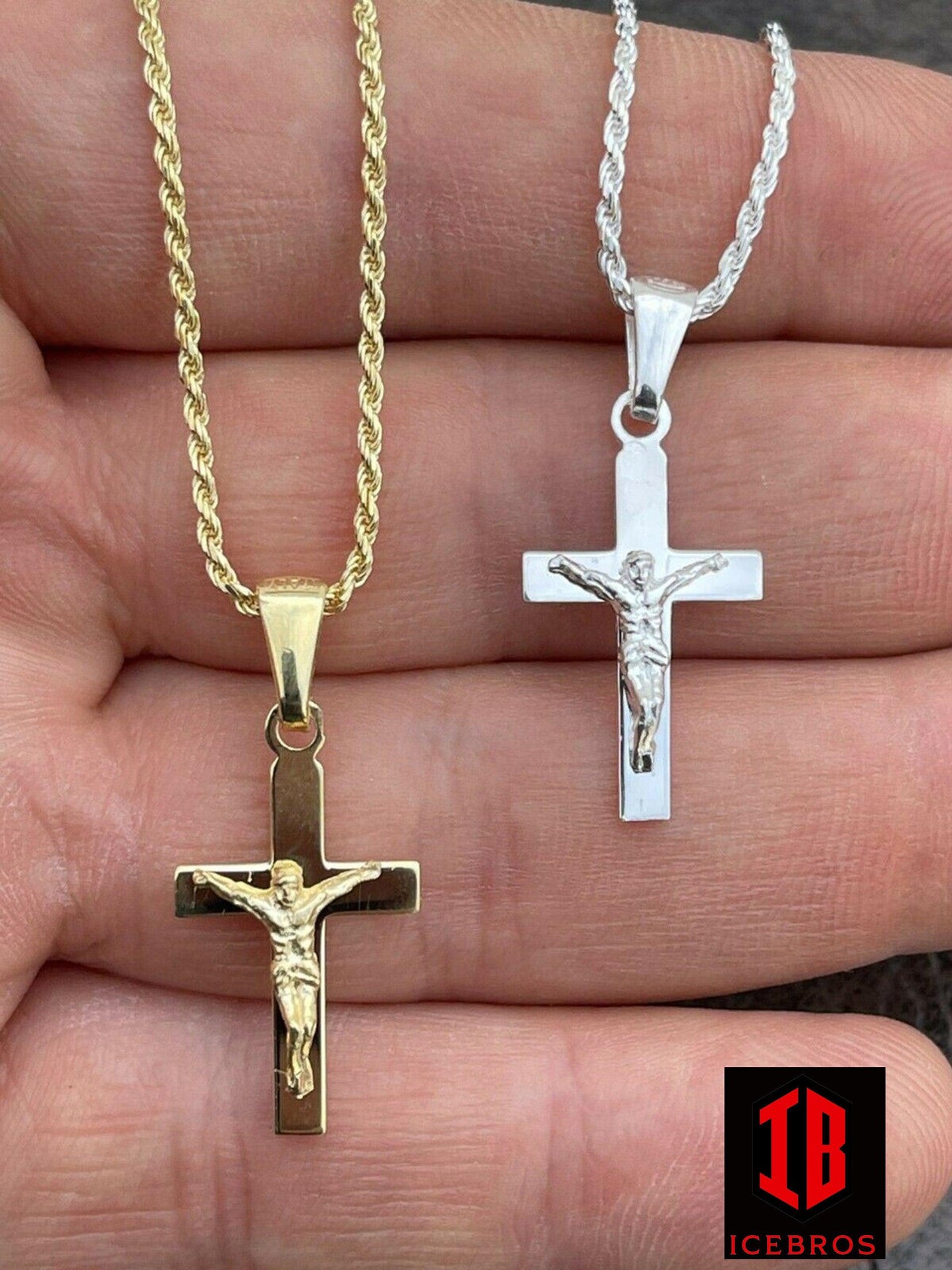 925 Sterling ITALY Silver Plain Gold Cross Jesus Crucifix Micro Pendant Necklace  1"