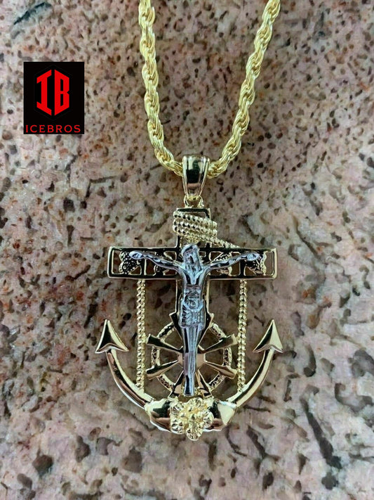 Men's 14k Gold Over Solid 925 Silver Jesus Crucifix & Anchor
