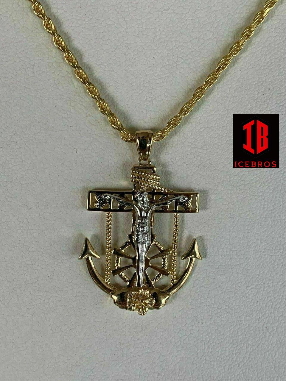 Men's 14k Gold Over Solid 925 Silver Jesus Crucifix & Anchor