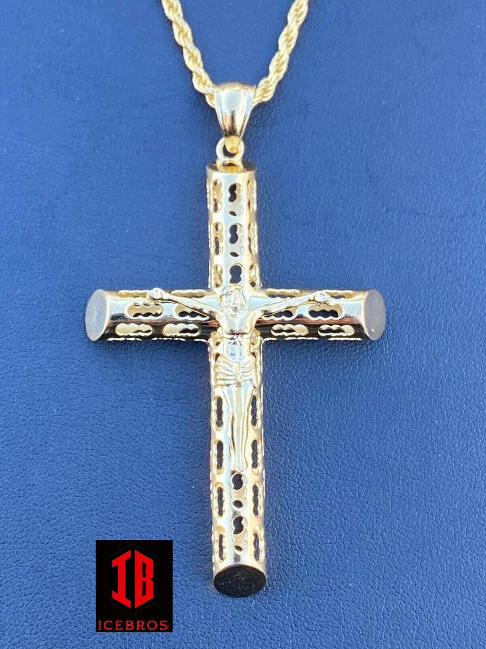 Vermeil 925 Sterling Silver Gold Finish Cross Pendant Necklace X-L 2.5" Jesus Piece