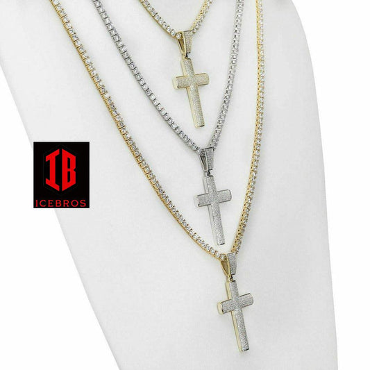 Men's Real Solid 925 Silver Cross W. Tennis Chain Pendant Super Iced (CZ)
